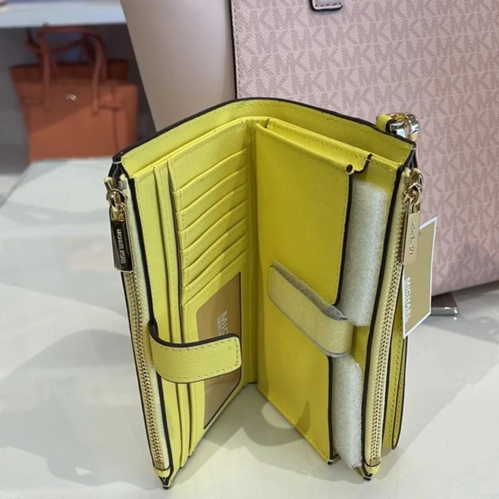 Michael Kors Jet Set Travel Large Double Zip Leather Wristlet Sunshine Yellow